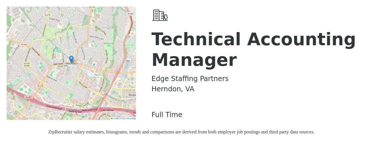 Edge Staffing Partners job posting for a Technical Accounting Manager in Herndon, VA with a salary of $119,700 to $186,000 Yearly with a map of Herndon location.