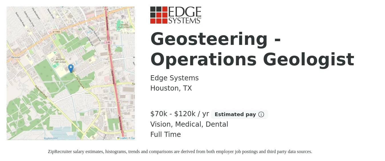Edge Systems job posting for a Geosteering - Operations Geologist in Houston, TX with a salary of $70,000 to $120,000 Yearly and benefits including vision, dental, life_insurance, medical, and retirement with a map of Houston location.