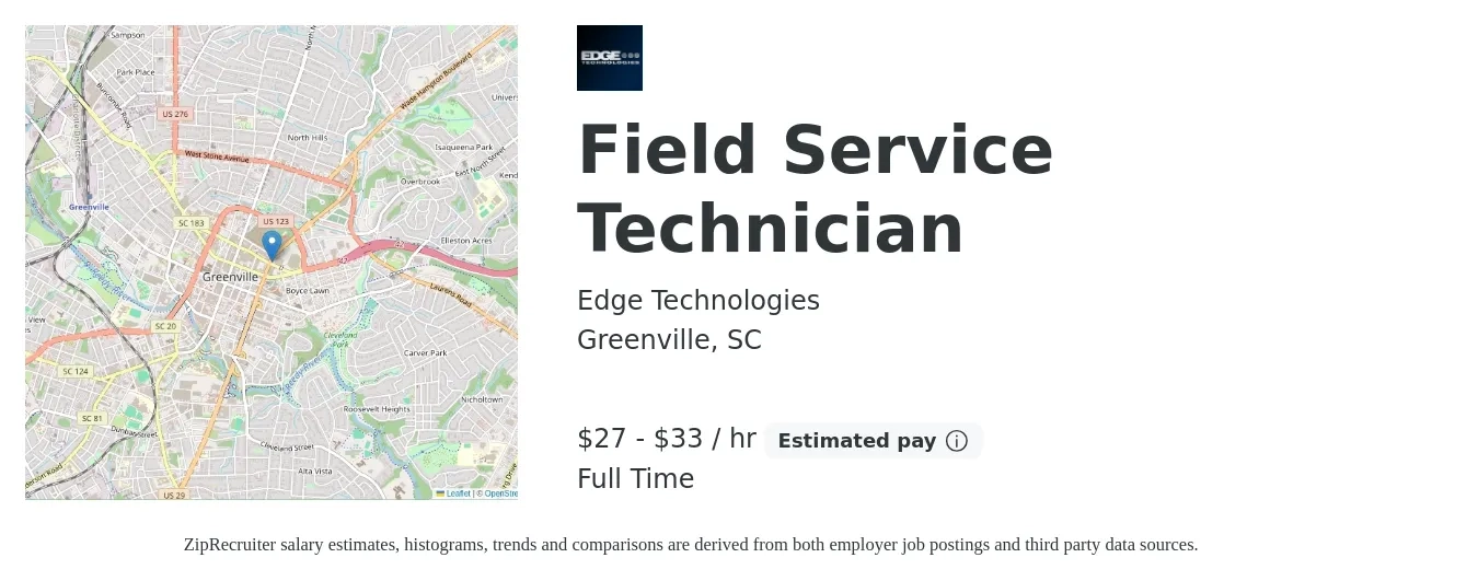 Edge Technologies job posting for a Field Service Technician in Greenville, SC with a salary of $29 to $35 Hourly with a map of Greenville location.