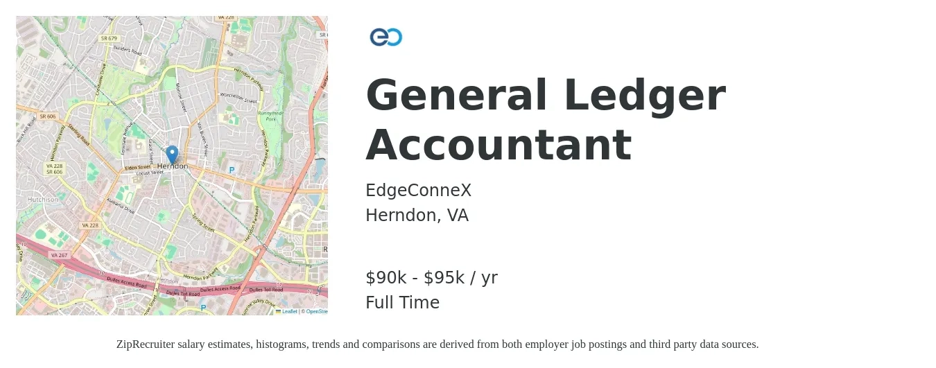 EdgeConneX job posting for a General Ledger Accountant in Herndon, VA with a salary of $90,000 to $95,000 Yearly with a map of Herndon location.