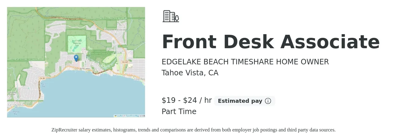 EDGELAKE BEACH TIMESHARE HOME OWNER job posting for a Front Desk Associate in Tahoe Vista, CA with a salary of $20 to $25 Hourly with a map of Tahoe Vista location.