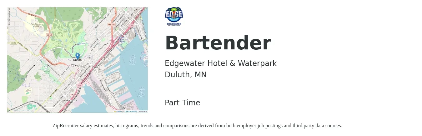 Edgewater Hotel & Waterpark job posting for a Bartender in Duluth, MN with a salary of $10 to $19 Hourly with a map of Duluth location.
