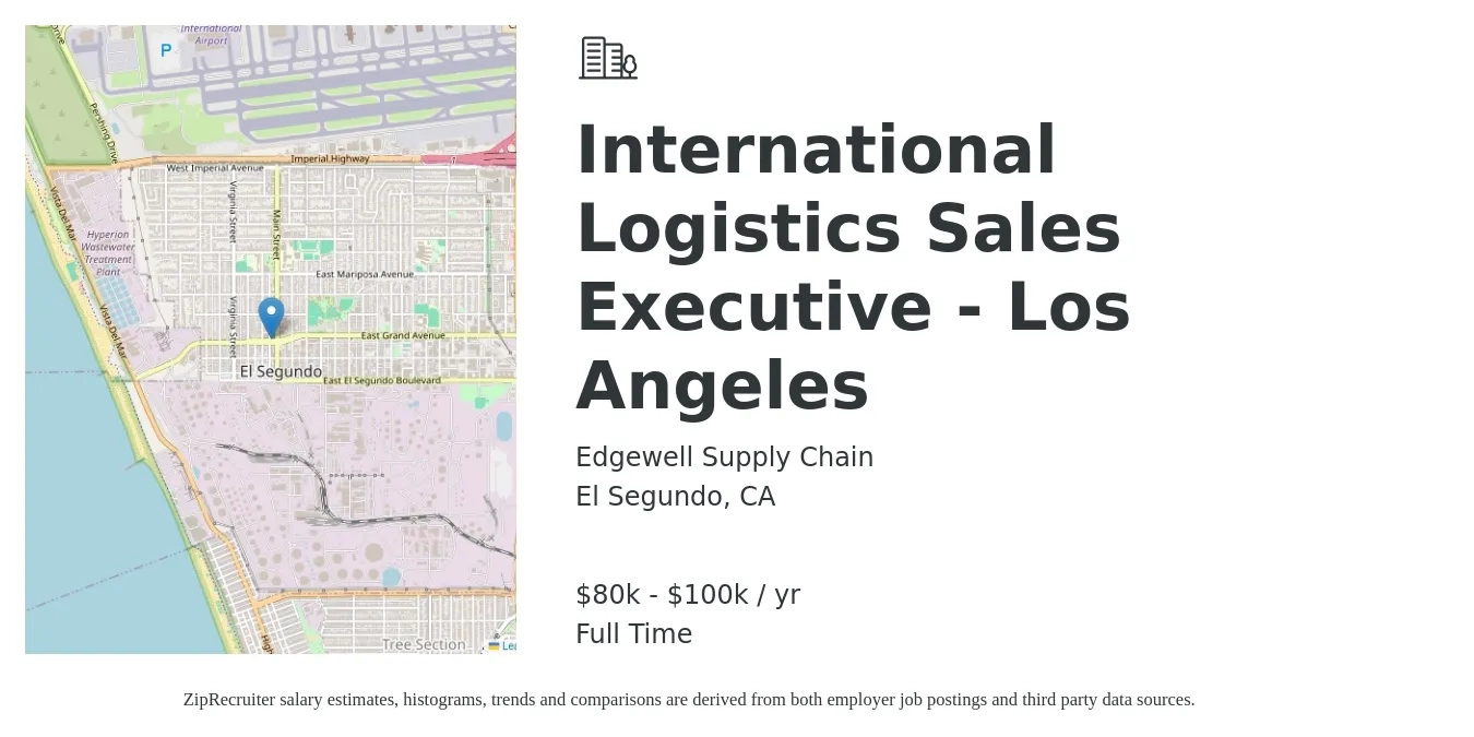 Edgewell Supply Chain job posting for a International Logistics Sales Executive - Los Angeles in El Segundo, CA with a salary of $80,000 to $100,000 Yearly with a map of El Segundo location.