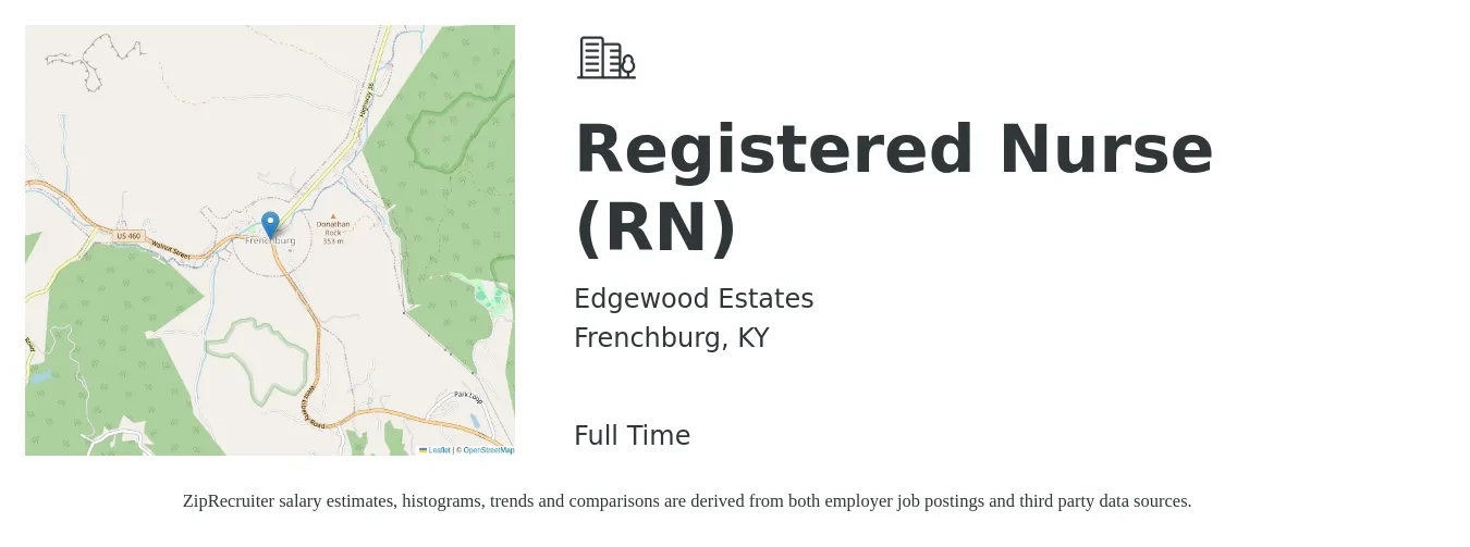 Edgewood Estates job posting for a Registered Nurse (RN) in Frenchburg, KY with a salary of $30 to $48 Hourly with a map of Frenchburg location.