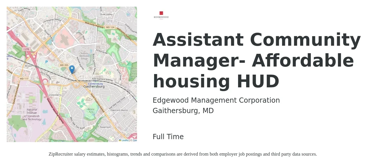 Edgewood Management Corporation job posting for a Assistant Community Manager- Affordable housing HUD in Gaithersburg, MD with a salary of $20 to $25 Hourly with a map of Gaithersburg location.