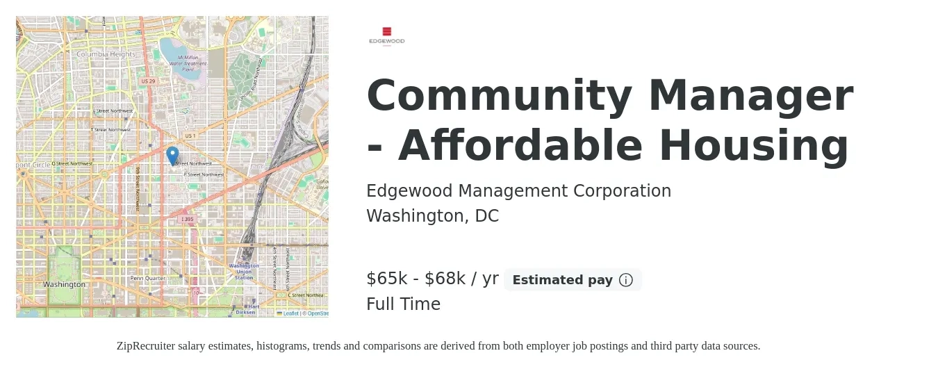 Edgewood Management Corporation job posting for a Community Manager - Affordable Housing in Washington, DC with a salary of $65,000 to $68,000 Yearly with a map of Washington location.