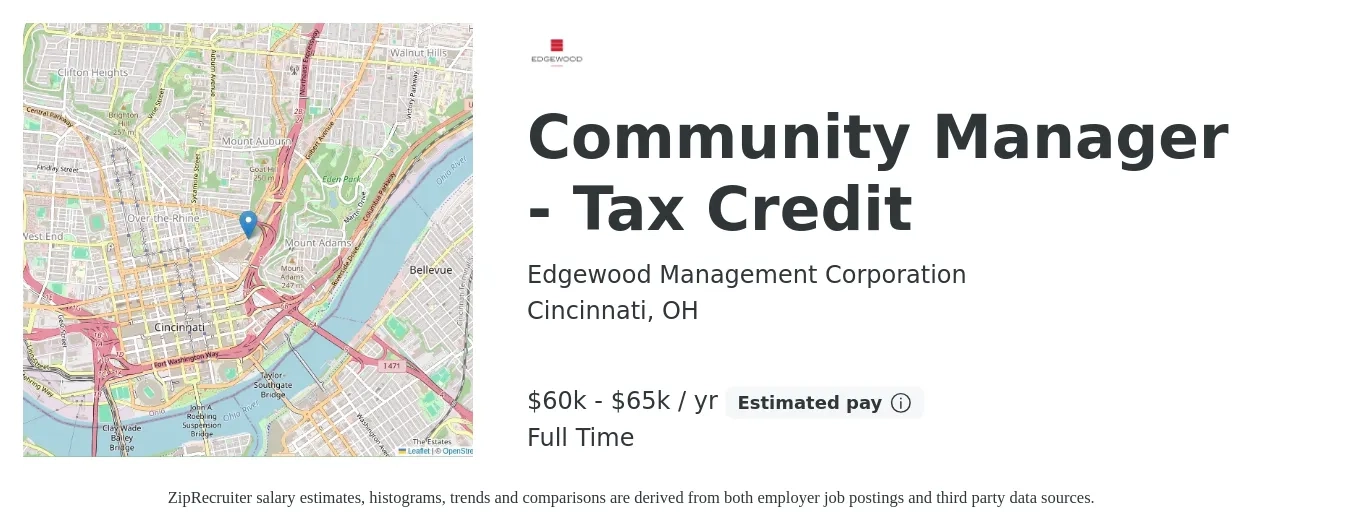 Edgewood Management Corporation job posting for a Community Manager - Tax Credit in Cincinnati, OH with a salary of $60,000 to $65,000 Yearly with a map of Cincinnati location.