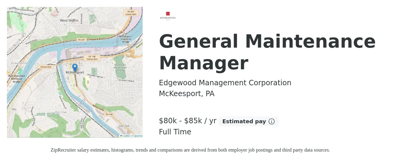 Edgewood Management Corporation job posting for a General Maintenance Manager in McKeesport, PA with a salary of $80,000 to $85,000 Yearly with a map of McKeesport location.