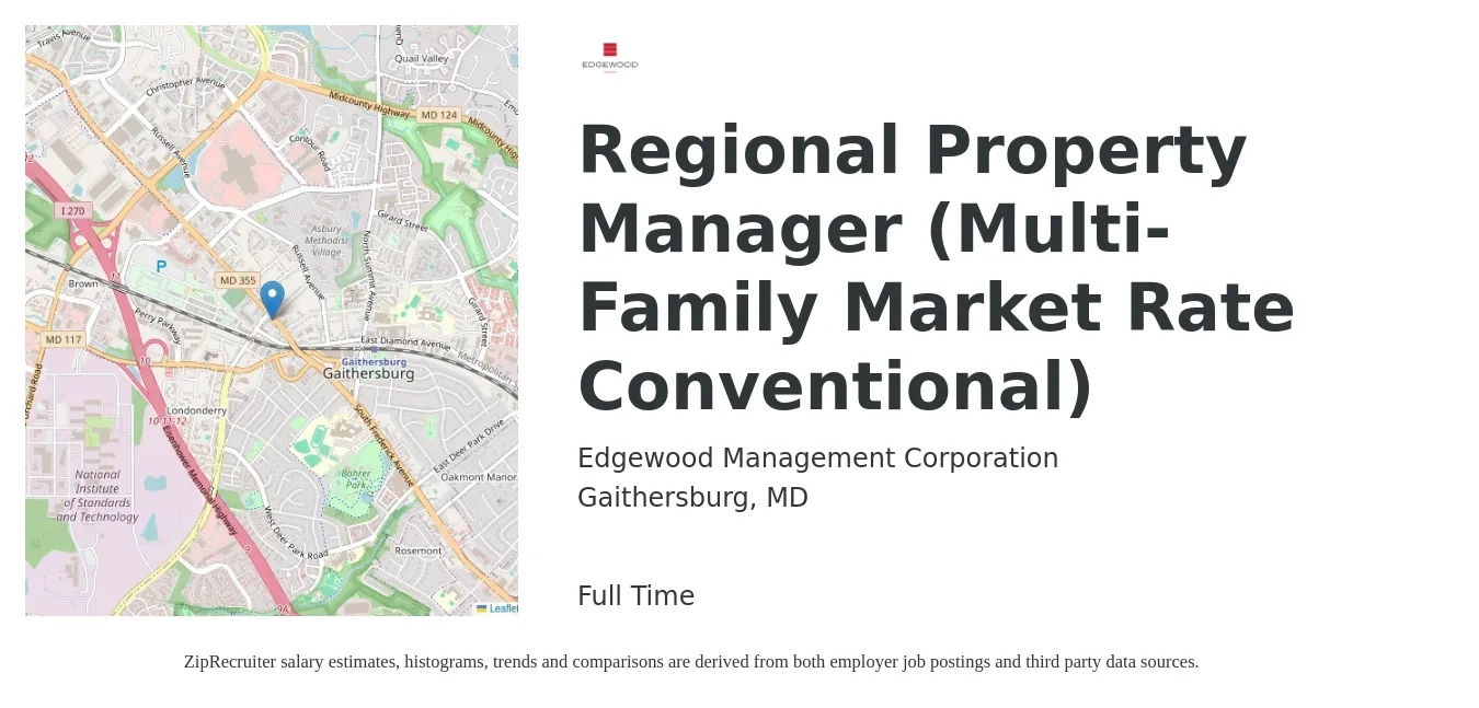 Edgewood Management Corporation job posting for a Regional Property Manager (Multi-Family Market Rate Conventional) in Gaithersburg, MD with a salary of $84,300 to $113,400 Yearly with a map of Gaithersburg location.