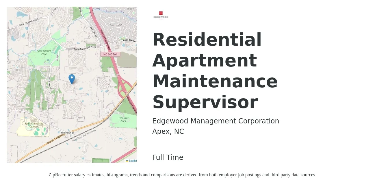 Edgewood Management Corporation job posting for a Residential Apartment Maintenance Supervisor in Apex, NC with a salary of $22 Hourly with a map of Apex location.