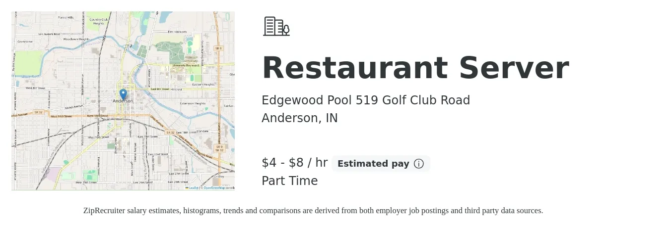 Edgewood Pool 519 Golf Club Road job posting for a Restaurant Server in Anderson, IN with a salary of $5 to $9 Hourly with a map of Anderson location.
