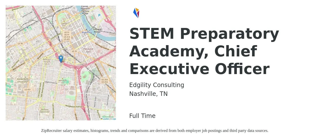 Edgility Consulting job posting for a STEM Preparatory Academy, Chief Executive Officer in Nashville, TN with a salary of $104,800 to $154,500 Yearly with a map of Nashville location.