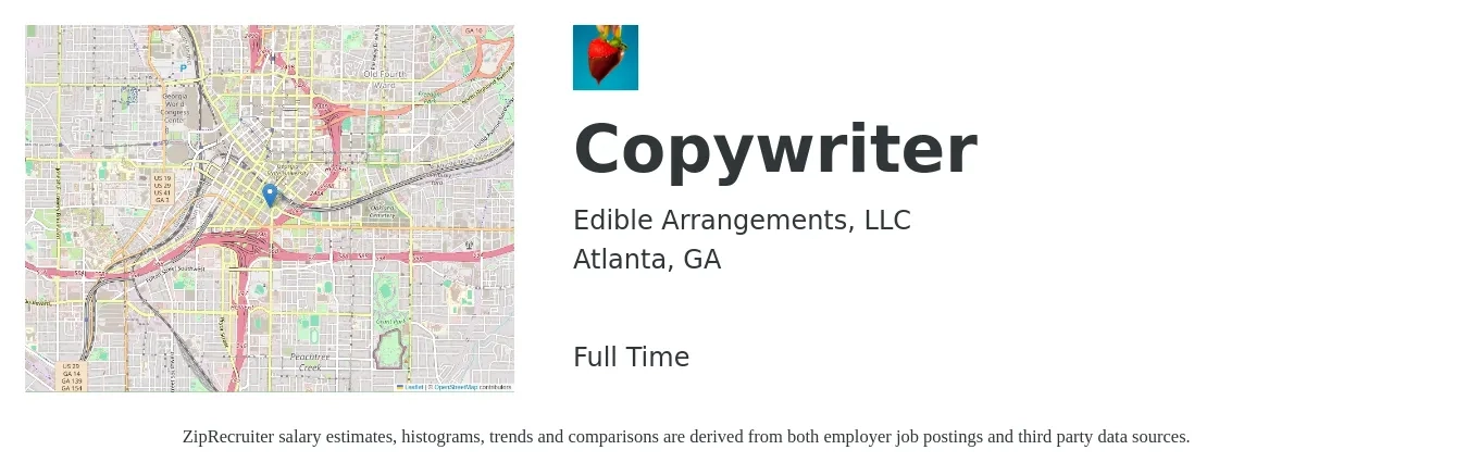 Edible Arrangements, LLC job posting for a Copywriter in Atlanta, GA with a salary of $28 to $42 Hourly with a map of Atlanta location.
