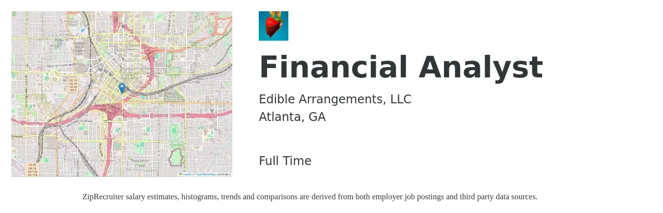 Edible Arrangements, LLC job posting for a Financial Analyst in Atlanta, GA with a salary of $67,300 to $106,300 Yearly with a map of Atlanta location.