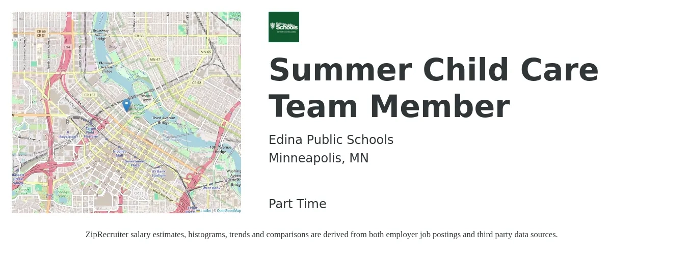 Edina Public Schools job posting for a Summer Child Care Team Member in Minneapolis, MN with a salary of $22 Hourly with a map of Minneapolis location.