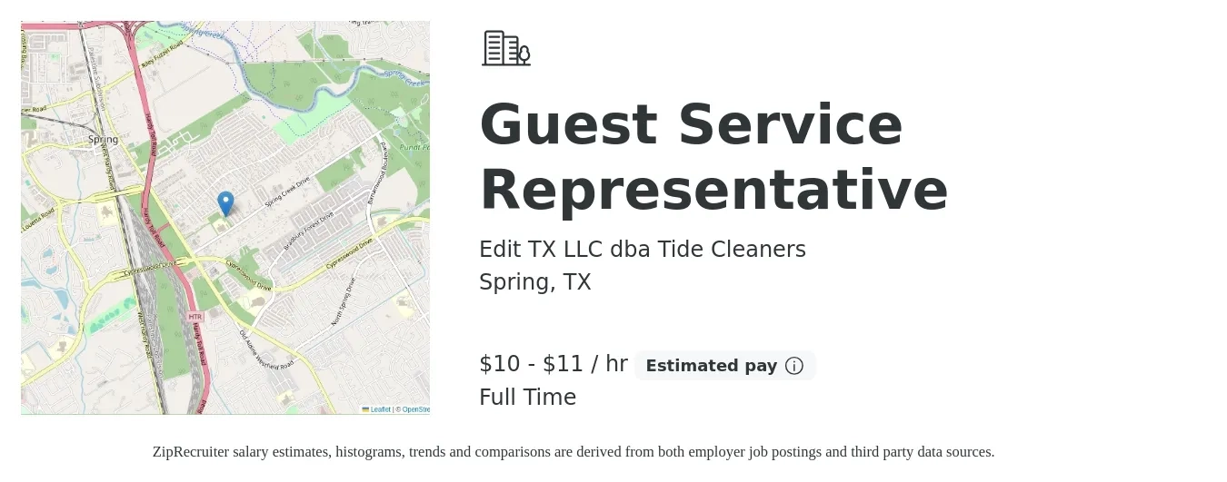 Edit TX LLC dba Tide Cleaners job posting for a Guest Service Representative in Spring, TX with a salary of $11 to $13 Hourly with a map of Spring location.