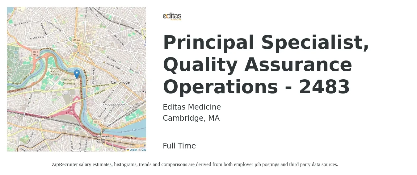 Editas Medicine job posting for a Principal Specialist, Quality Assurance Operations - 2483 in Cambridge, MA with a salary of $62,300 to $92,400 Yearly with a map of Cambridge location.