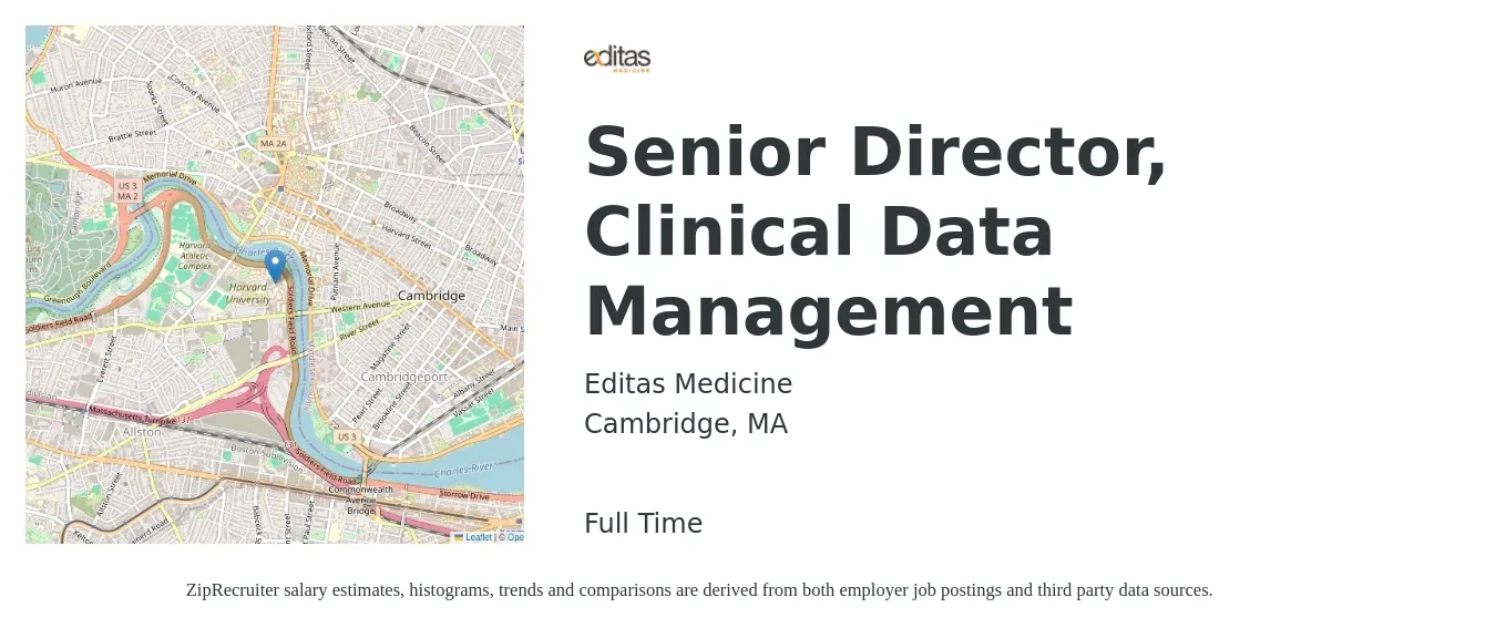 Editas Medicine job posting for a Senior Director, Clinical Data Management in Cambridge, MA with a salary of $114,200 to $150,300 Yearly with a map of Cambridge location.