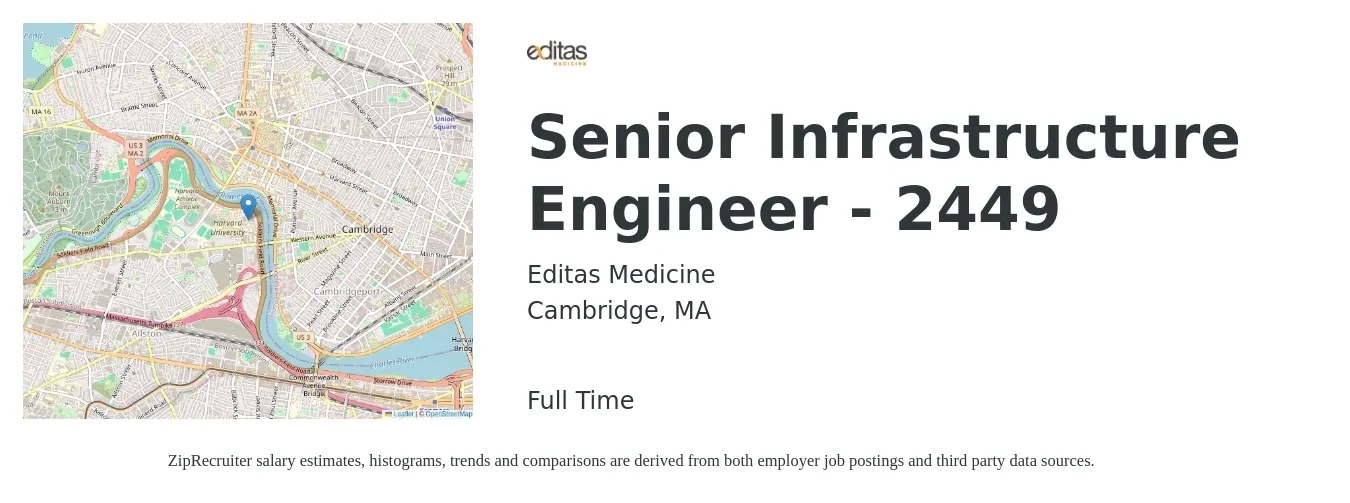 Editas Medicine job posting for a Senior Infrastructure Engineer - 2449 in Cambridge, MA with a salary of $118,600 to $161,200 Yearly with a map of Cambridge location.