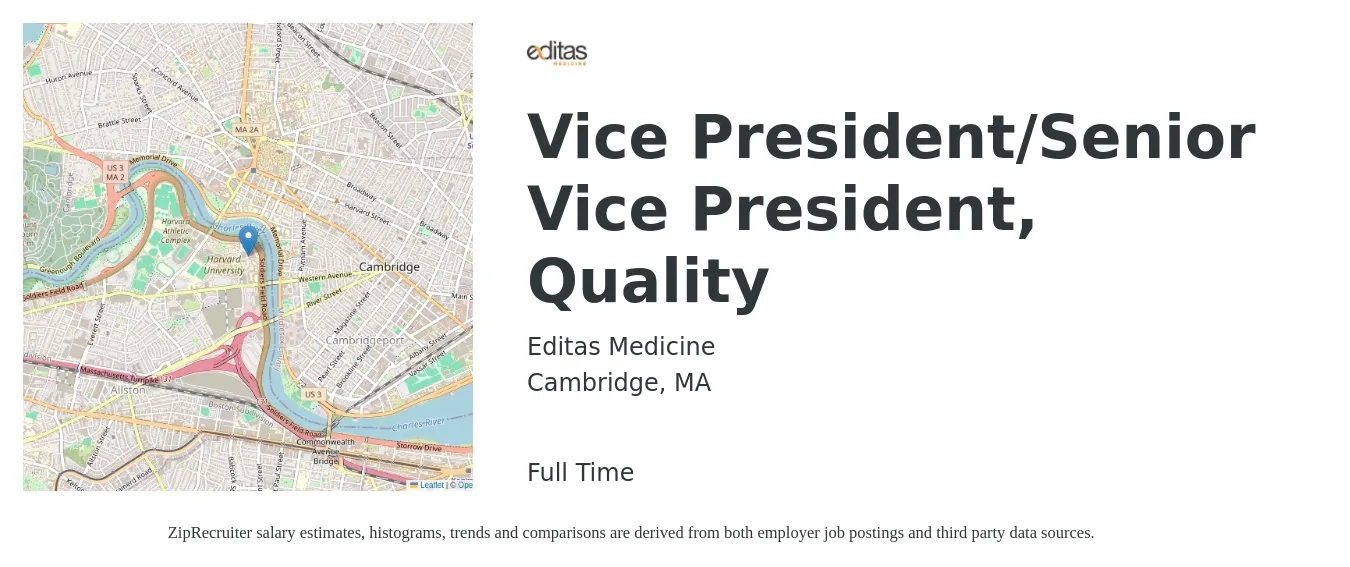 Editas Medicine job posting for a Vice President/Senior Vice President, Quality in Cambridge, MA with a salary of $125,700 to $207,700 Yearly with a map of Cambridge location.
