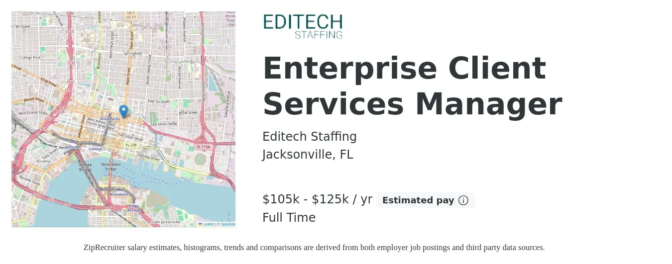 Editech Staffing job posting for a Enterprise Client Services Manager in Jacksonville, FL with a salary of $105,000 to $125,000 Yearly with a map of Jacksonville location.