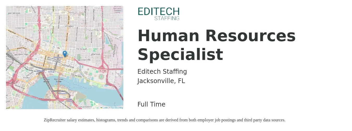 Editech Staffing job posting for a Human Resources Specialist in Jacksonville, FL with a salary of $55,000 to $65,000 Yearly with a map of Jacksonville location.
