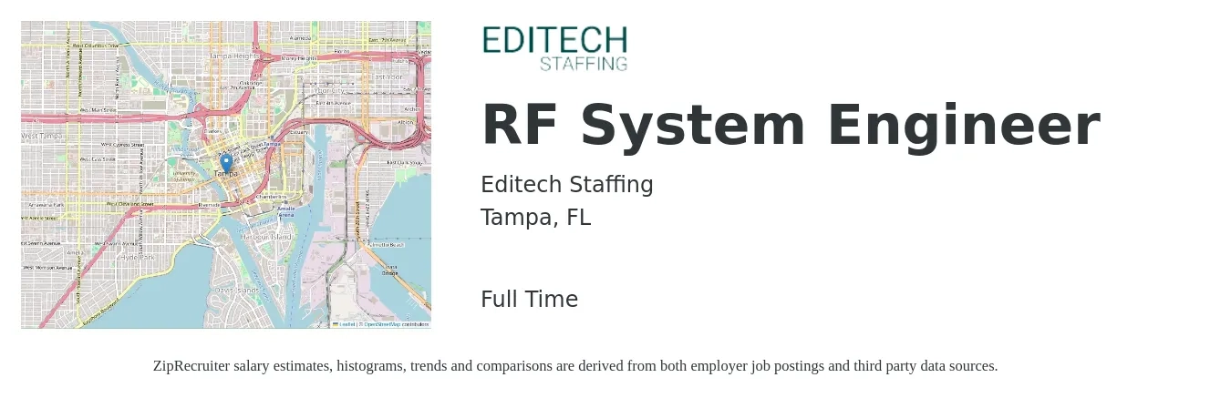 Editech Staffing job posting for a RF System Engineer in Tampa, FL with a salary of $80,000 to $100,000 Yearly with a map of Tampa location.