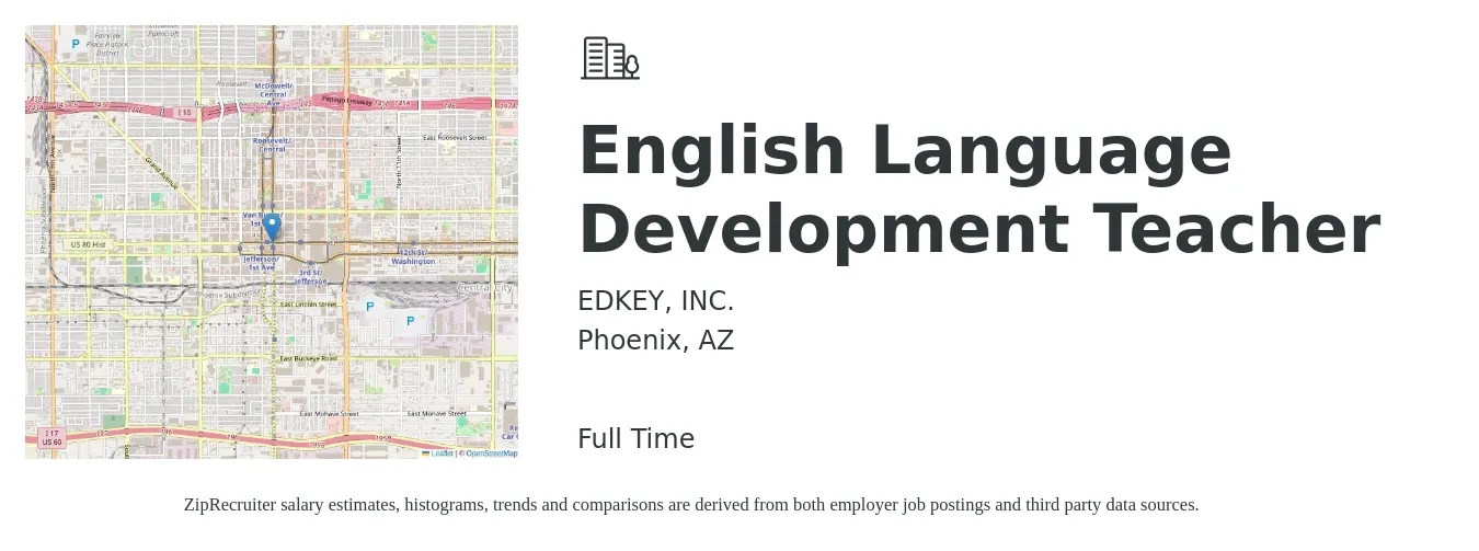 Edkey job posting for a English Language Development Teacher in Phoenix, AZ with a salary of $36,200 to $50,500 Yearly with a map of Phoenix location.