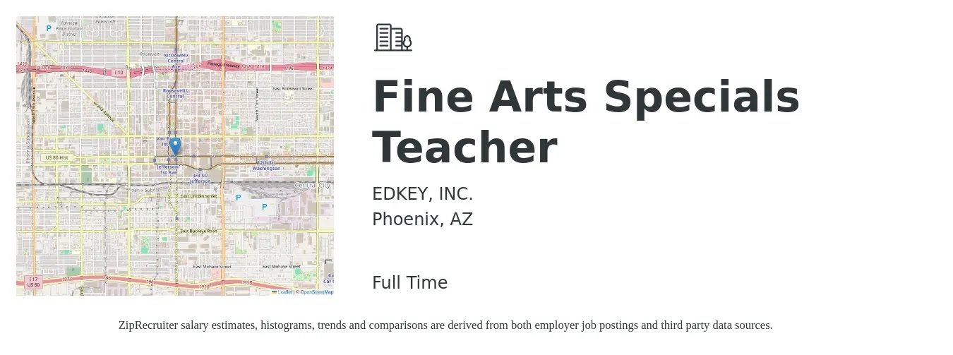 Edkey job posting for a Fine Arts Specials Teacher in Phoenix, AZ with a salary of $16 to $25 Hourly with a map of Phoenix location.