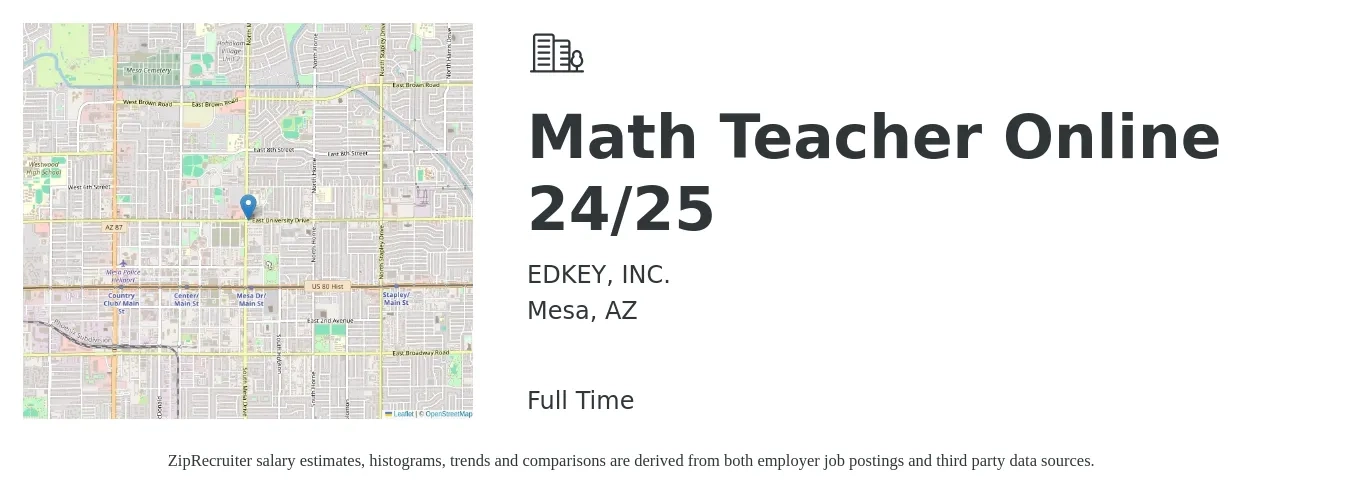 EDKEY, INC. job posting for a Math Teacher Online 24/25 in Mesa, AZ with a salary of $46,600 to $61,000 Yearly with a map of Mesa location.
