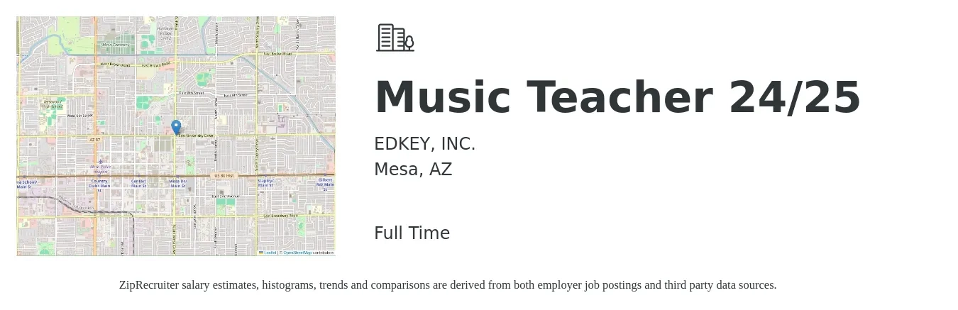 EDKEY, INC. job posting for a Music Teacher 24/25 in Mesa, AZ with a salary of $42,400 to $59,300 Yearly with a map of Mesa location.