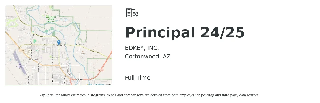 Edkey job posting for a Principal 24/25 in Cottonwood, AZ with a salary of $79,600 to $117,100 Yearly with a map of Cottonwood location.