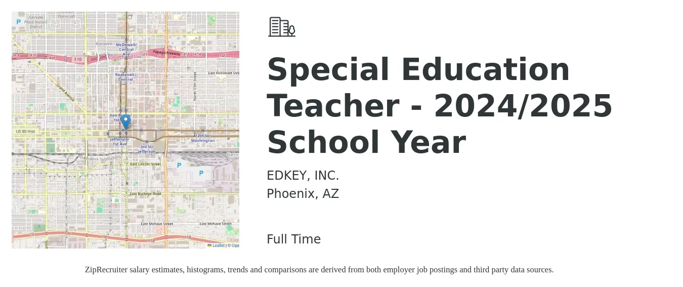 EDKEY, INC. job posting for a Special Education Teacher - 2024/2025 School Year in Phoenix, AZ with a salary of $46,900 to $61,800 Yearly with a map of Phoenix location.