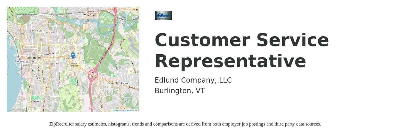 Edlund Company, LLC job posting for a Customer Service Representative in Burlington, VT with a salary of $55,000 to $70,000 Yearly with a map of Burlington location.