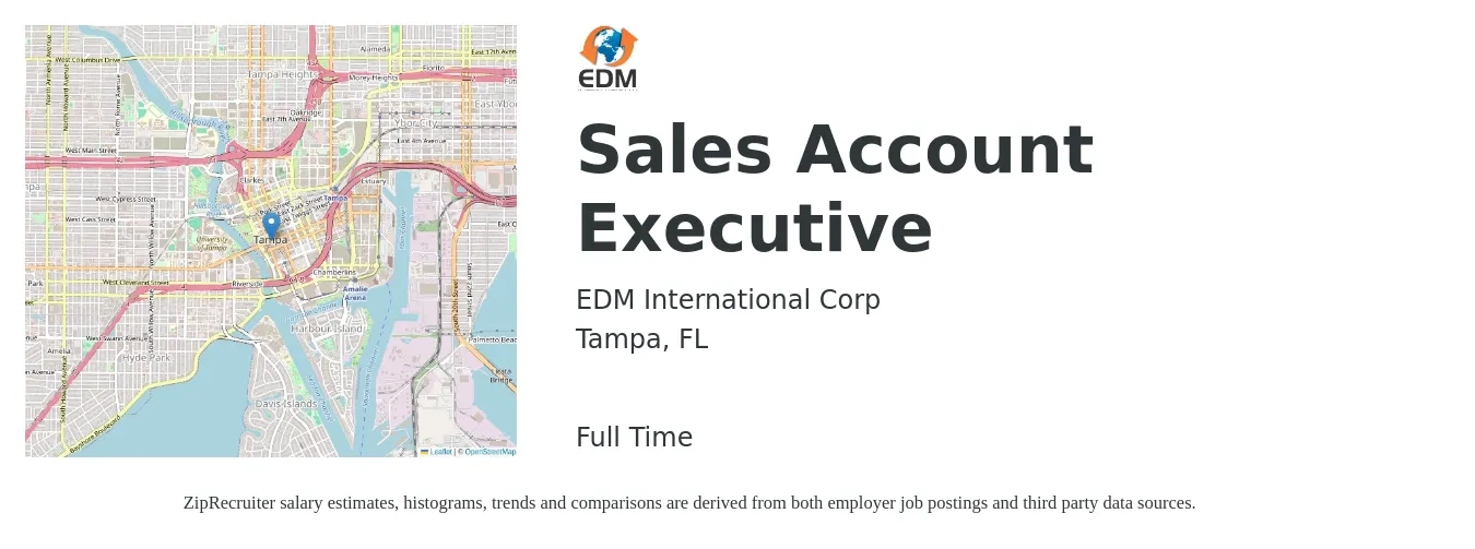 EDM International Corp job posting for a Sales Account Executive in Tampa, FL with a salary of $4,000 to $6,500 Monthly (plus commission) and benefits including pto with a map of Tampa location.