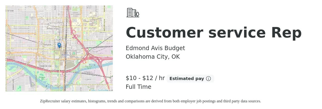Edmond Avis Budget job posting for a Customer service Rep in Oklahoma City, OK with a salary of $11 to $13 Hourly (plus commission) and benefits including pto with a map of Oklahoma City location.