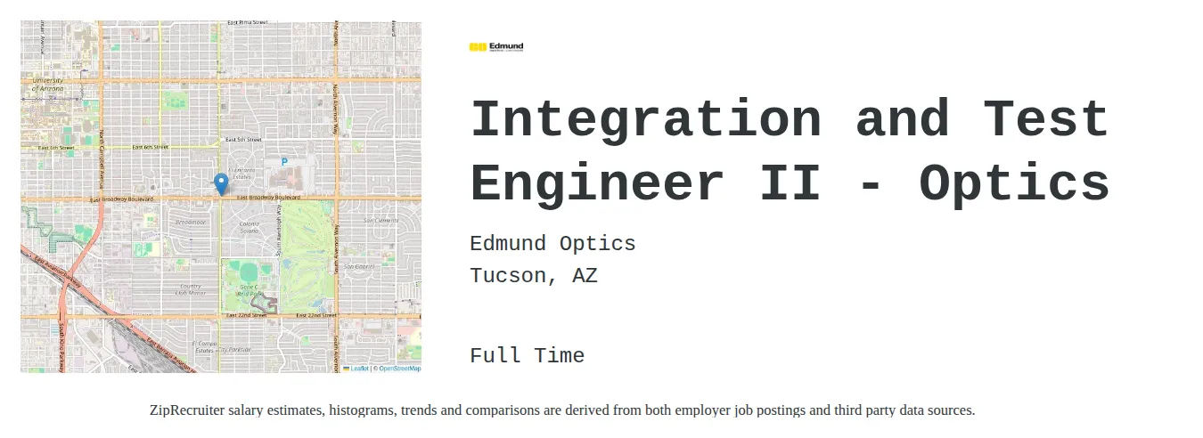 Edmund Optics job posting for a Integration and Test Engineer II - Optics in Tucson, AZ with a salary of $89,400 to $120,400 Annually and benefits including Medical, Vision, Dental, PTO, Life, and Retirement with a map of Tucson location.