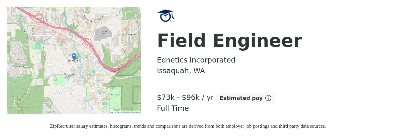Ednetics Incorporated job posting for a Field Engineer in Issaquah, WA with a salary of $73,500 to $96,500 Yearly with a map of Issaquah location.