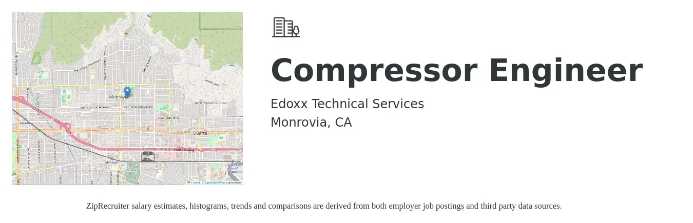 Edoxx Technical Services job posting for a Compressor Engineer in Monrovia, CA with a salary of $63,700 Yearly with a map of Monrovia location.