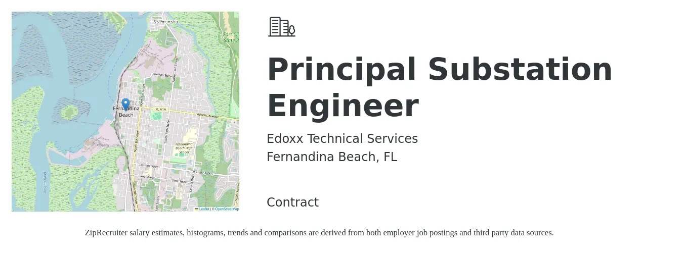 Edoxx Technical Services job posting for a Principal Substation Engineer in Fernandina Beach, FL with a salary of $91,200 to $116,200 Yearly with a map of Fernandina Beach location.