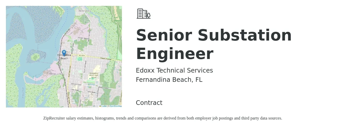 Edoxx Technical Services job posting for a Senior Substation Engineer in Fernandina Beach, FL with a salary of $91,200 to $116,200 Yearly with a map of Fernandina Beach location.