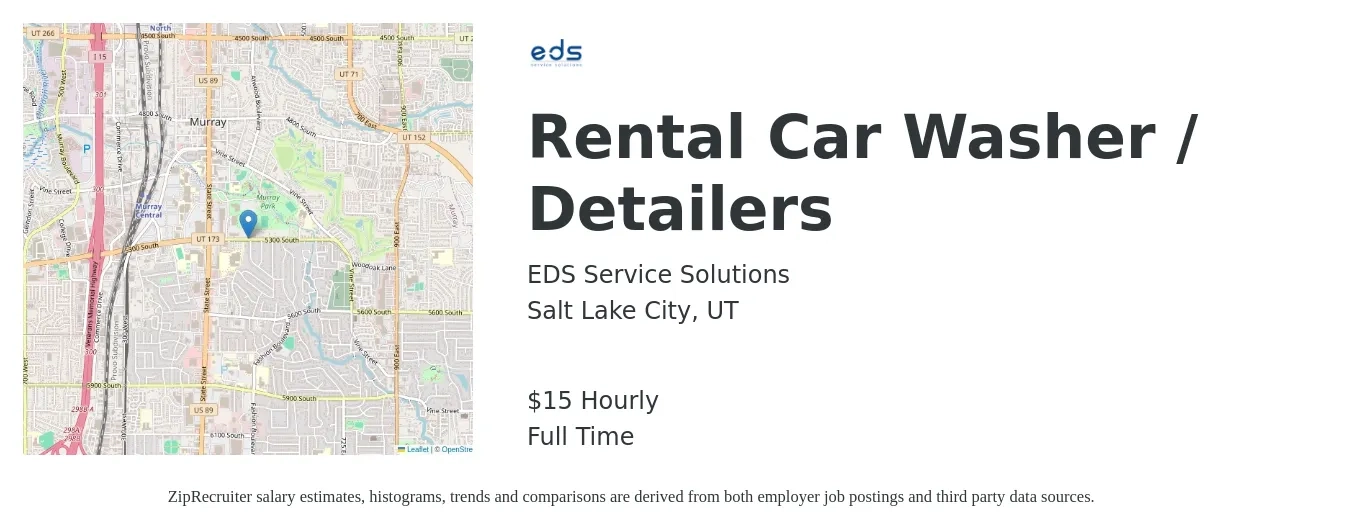 EDS Service Solutions job posting for a Rental Car Washer / Detailers in Salt Lake City, UT with a salary of $16 Hourly with a map of Salt Lake City location.