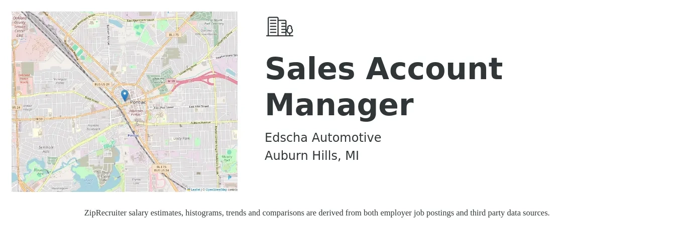 Edscha Automotive job posting for a Sales Account Manager in Auburn Hills, MI with a salary of $47,800 to $75,700 Yearly with a map of Auburn Hills location.