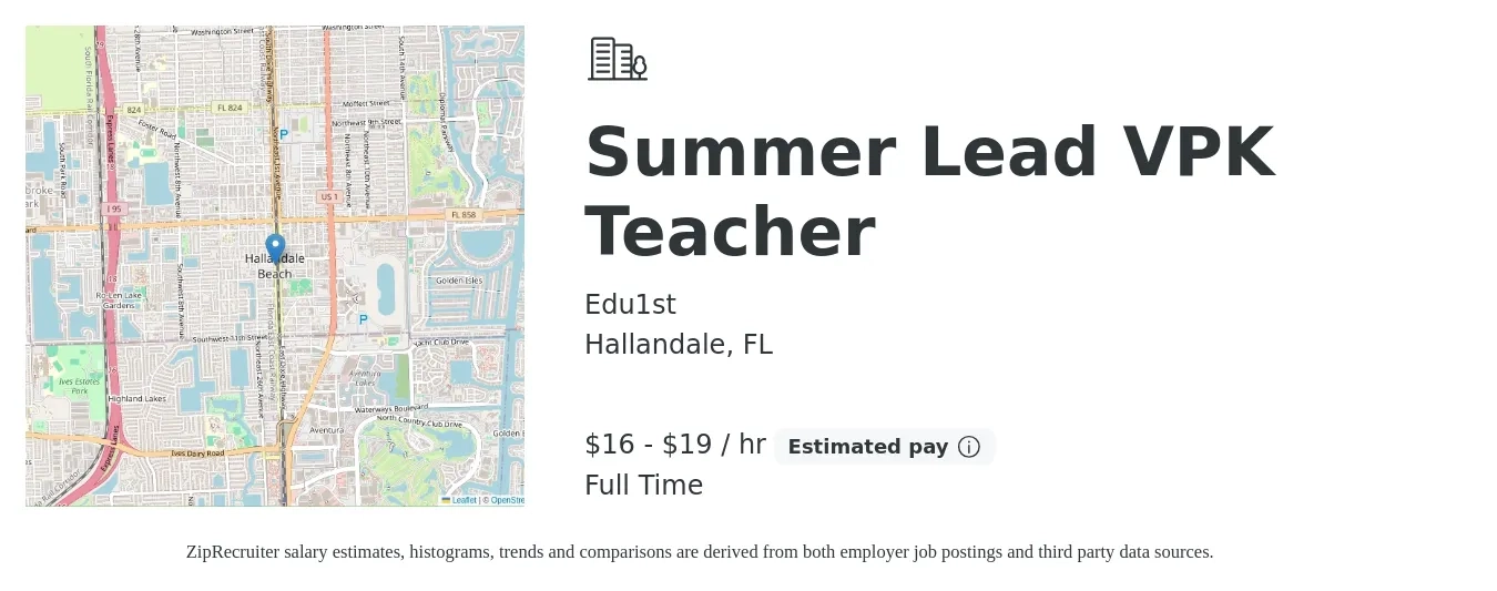 Edu1st job posting for a Summer Lead VPK Teacher in Hallandale, FL with a salary of $17 to $20 Hourly with a map of Hallandale location.