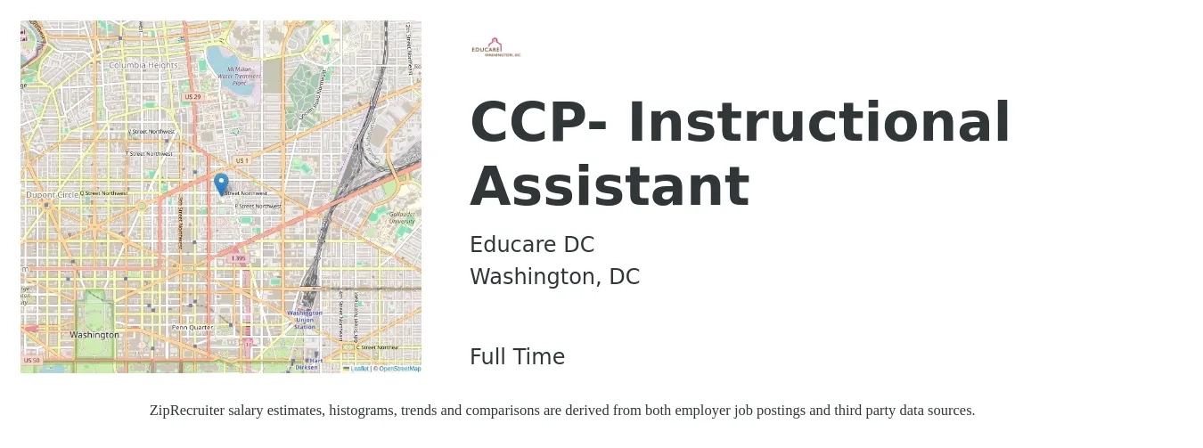 Educare DC job posting for a CCP- Instructional Assistant in Washington, DC with a salary of $14 to $20 Hourly with a map of Washington location.