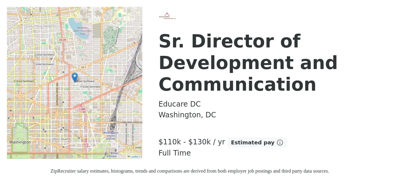 Educare DC job posting for a Sr. Director of Development and Communication in Washington, DC with a salary of $110,000 to $130,000 Yearly with a map of Washington location.