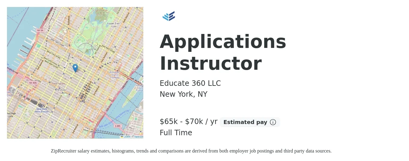 Educate 360 LLC job posting for a Entry-Level Applications Training Instructor in New York, NY with a salary of $65,000 to $70,000 Yearly with a map of New York location.