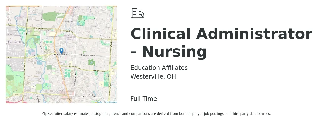 Education Affiliates job posting for a Clinical Administrator - Nursing in Westerville, OH with a salary of $1,510 to $2,230 Weekly with a map of Westerville location.