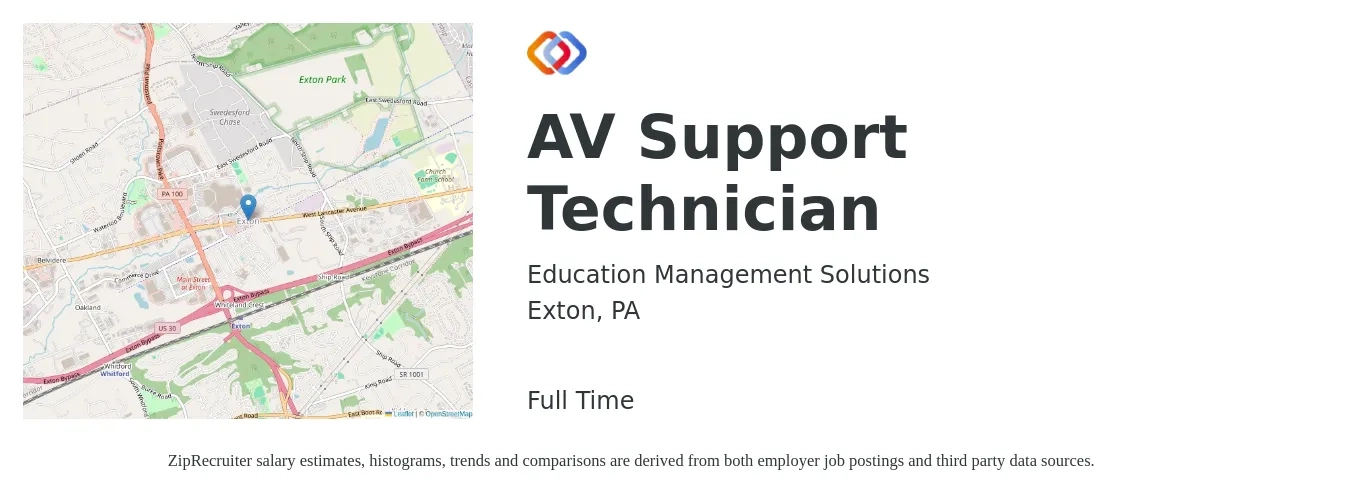 Education Management Solutions job posting for a AV Support Technician in Exton, PA with a salary of $21 to $28 Hourly with a map of Exton location.