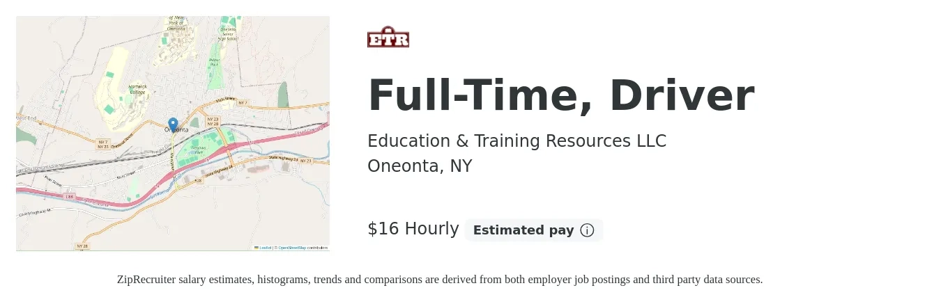 Education & Training Resources LLC job posting for a Full-Time, Driver in Oneonta, NY with a salary of $17 Hourly with a map of Oneonta location.